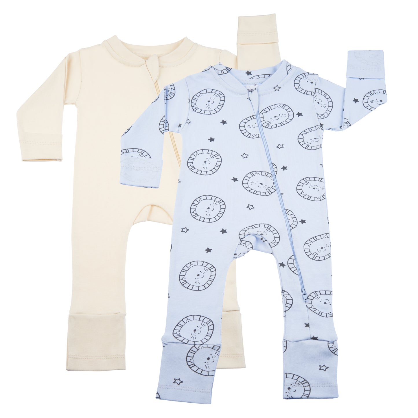 2 Pieces Baby Sleeper - 2 Way Zipper - Lion Print Ecru - Convertible - 0M to 12M - Mitten Cuffs