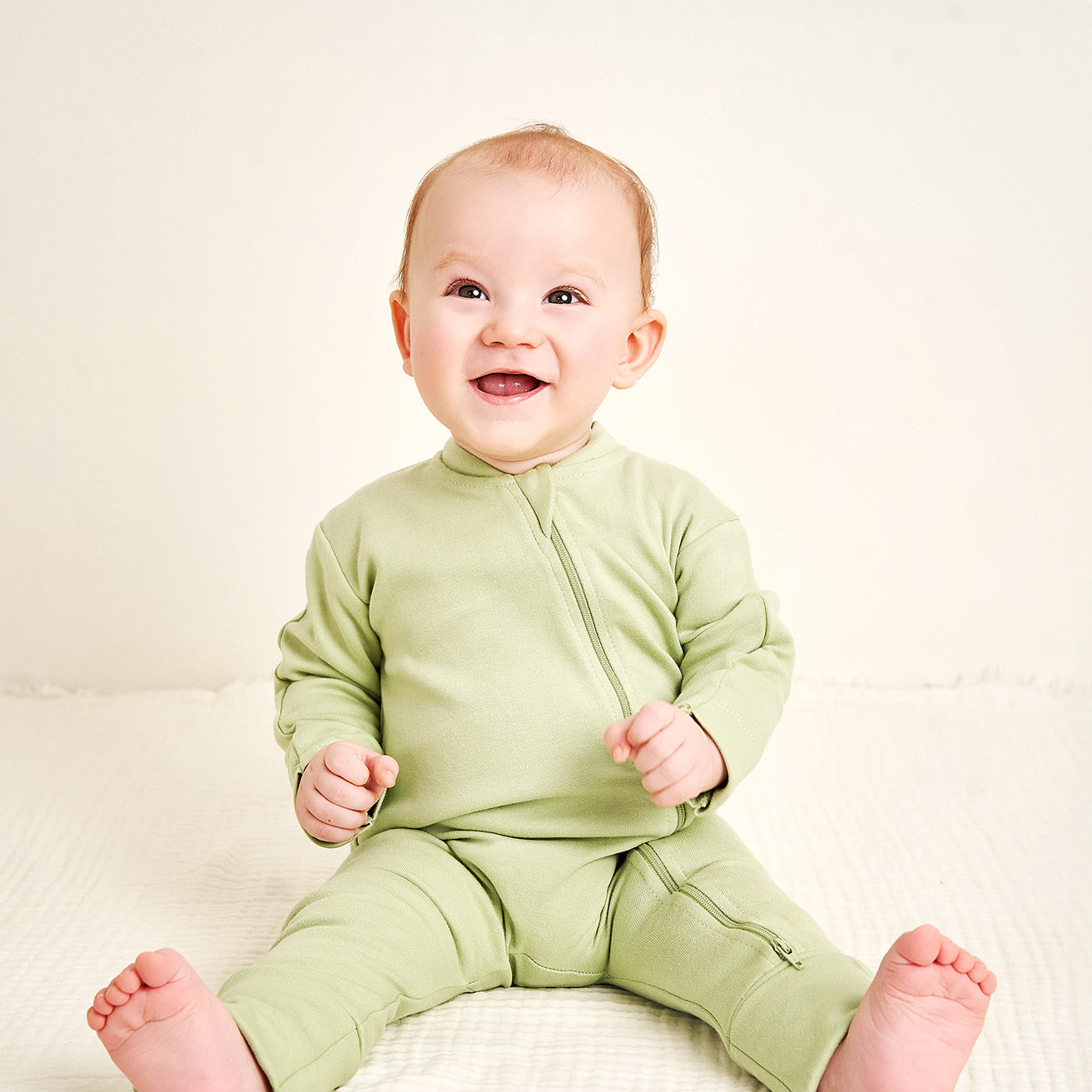 Baby Onesie - 2 Way Zipper - Green - Convertible - 0M to 12M - Mitten Cuffs