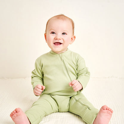 Baby Onesie - 2 Way Zipper - Green - Convertible - 0M to 12M - Mitten Cuffs