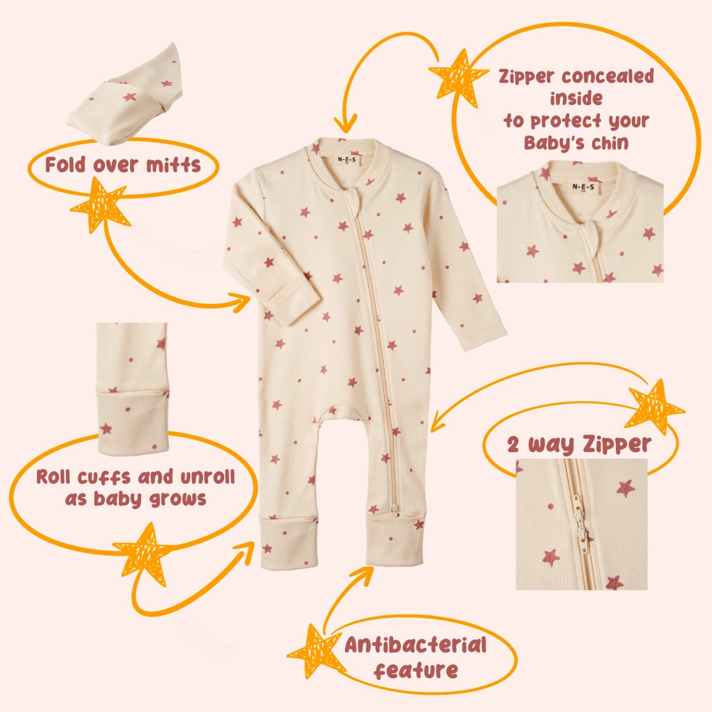 Baby Sleeper - 2 Way Zipper - Star Print Macros - Convertible - 0M to 12M - Mitten Cuffs