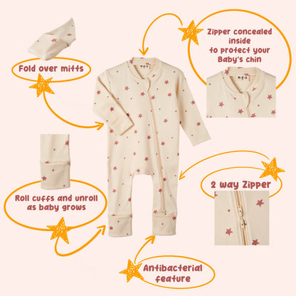 Baby Sleeper - 2 Way Zipper - Star Print Macro - Convertible - 0M to 12M - Mitten Cuffs