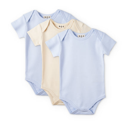 3 Pieces Baby Short Sleeve Bodysuit - Blue Ecru - 0M to 12M