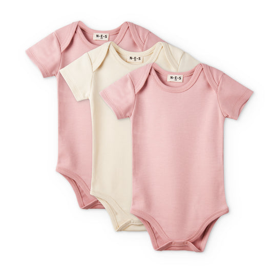 3 Pieces Baby Short Sleeve Bodysuit Ribbed - Mauve Ecru - 0M to 12M